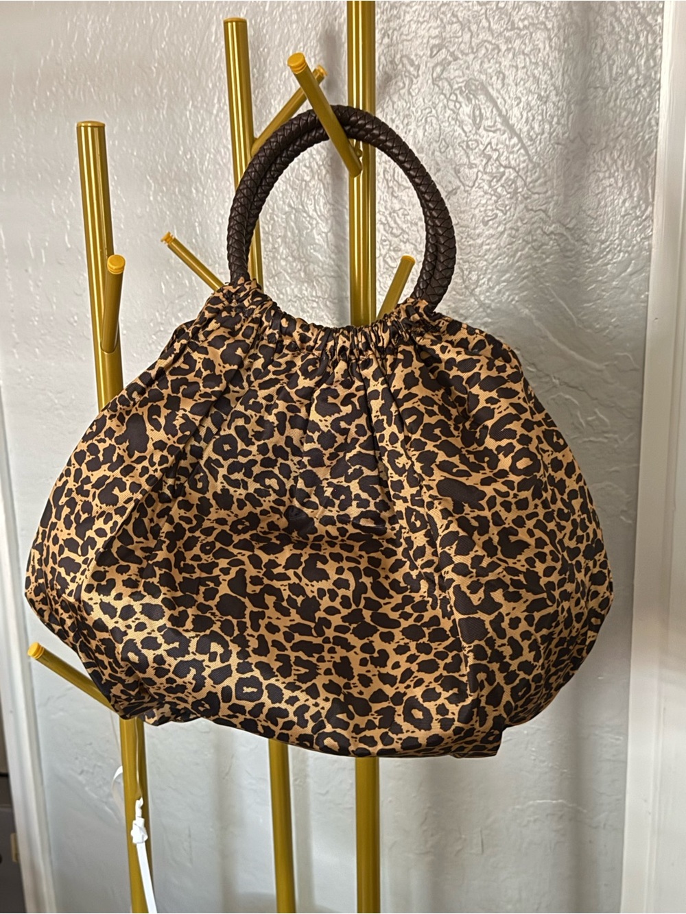 Leopard Print Hobo Bag with Braided Handles carry - Brown/Black